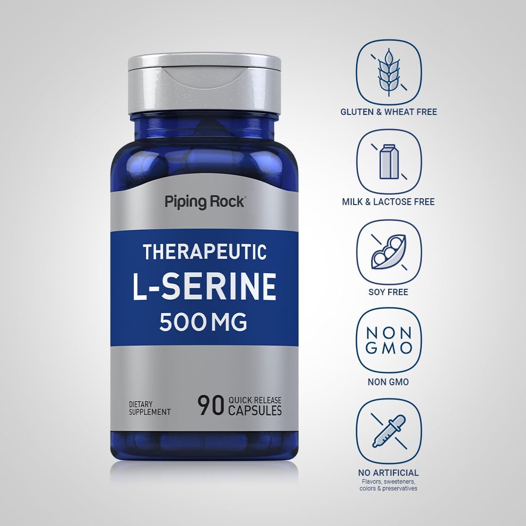 Piping Rock L-Serine 500mg Supplement - 90 Capsules, Therapeutic, Non-GMO & Gluten Free