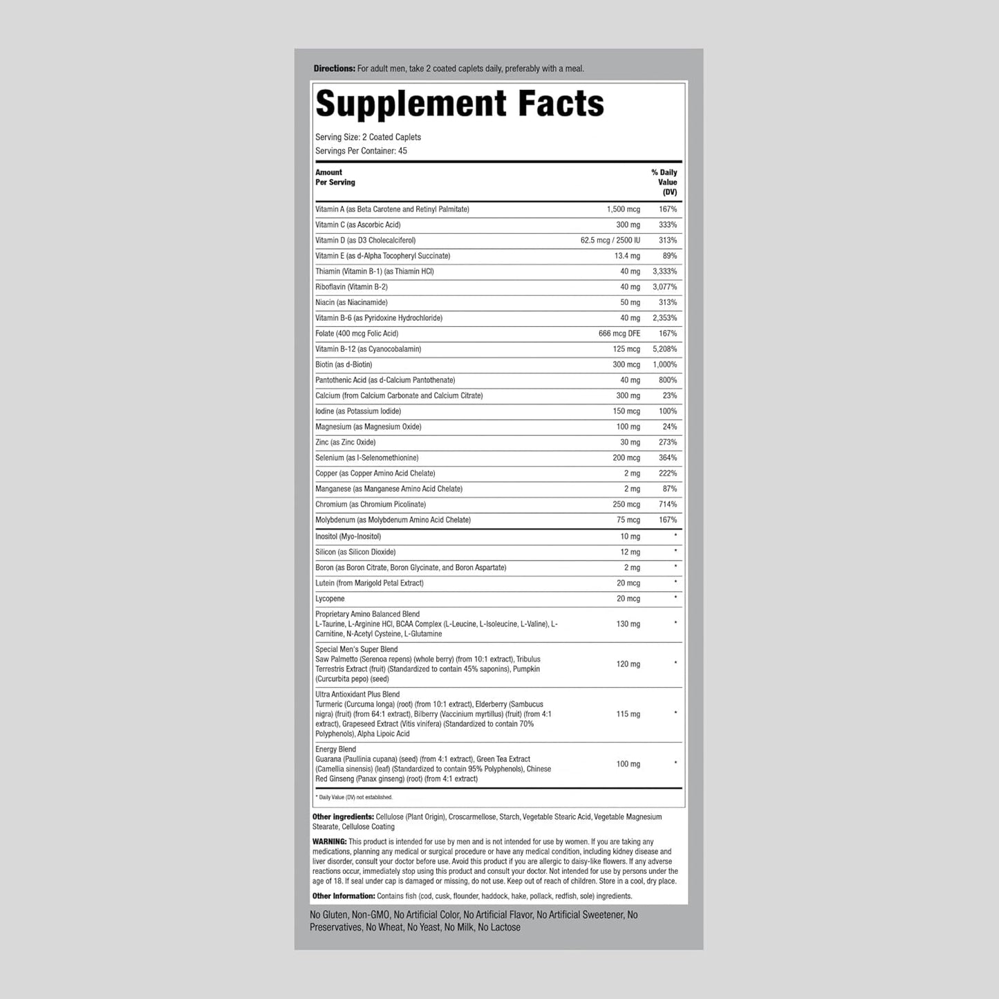 Piping Rock Men's Multivitamin 90 Caplets | Mega Multimineral Supplement with Vitamin D, Zinc, Saw Palmetto | Non-GMO, Gluten Free