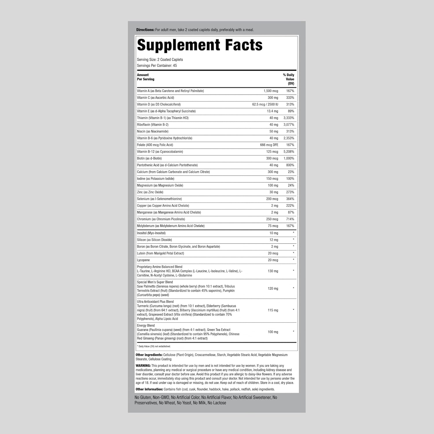 Piping Rock Men's Multivitamin 90 Caplets | Mega Multimineral Supplement with Vitamin D, Zinc, Saw Palmetto | Non-GMO, Gluten Free