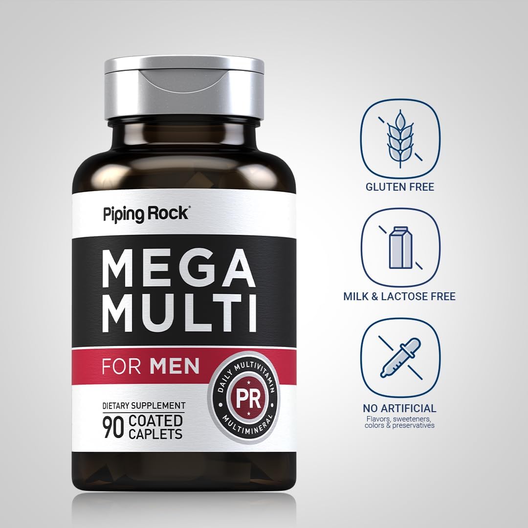 Piping Rock Men's Multivitamin 90 Caplets | Mega Multimineral Supplement with Vitamin D, Zinc, Saw Palmetto | Non-GMO, Gluten Free
