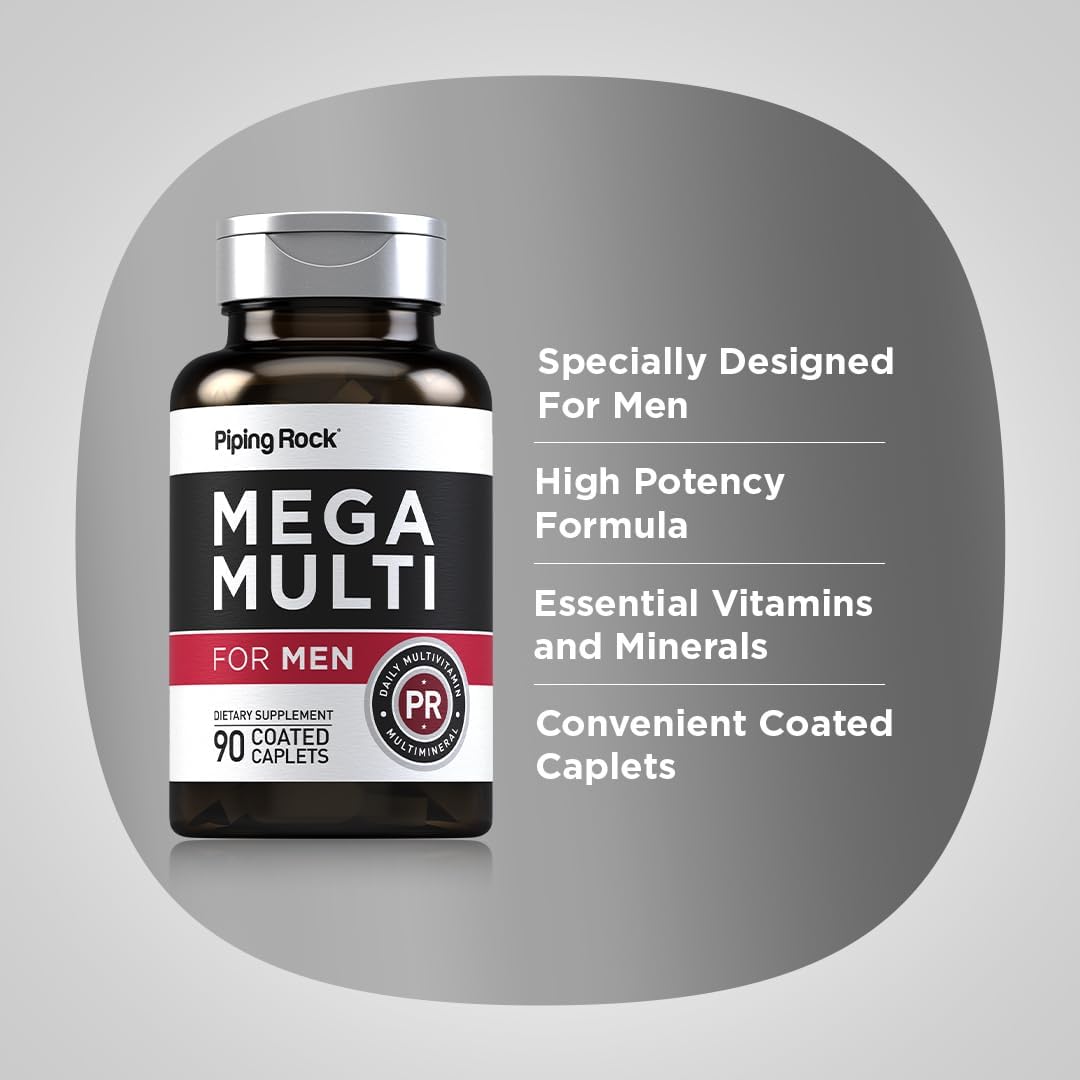 Piping Rock Men's Multivitamin 90 Caplets | Mega Multimineral Supplement with Vitamin D, Zinc, Saw Palmetto | Non-GMO, Gluten Free