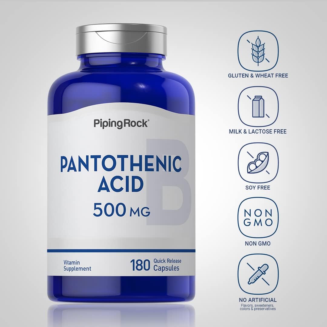 Piping Rock Pantothenic Acid 500mg Capsules - 180 Count B Vitamin Supplement, Non-GMO & Gluten Free