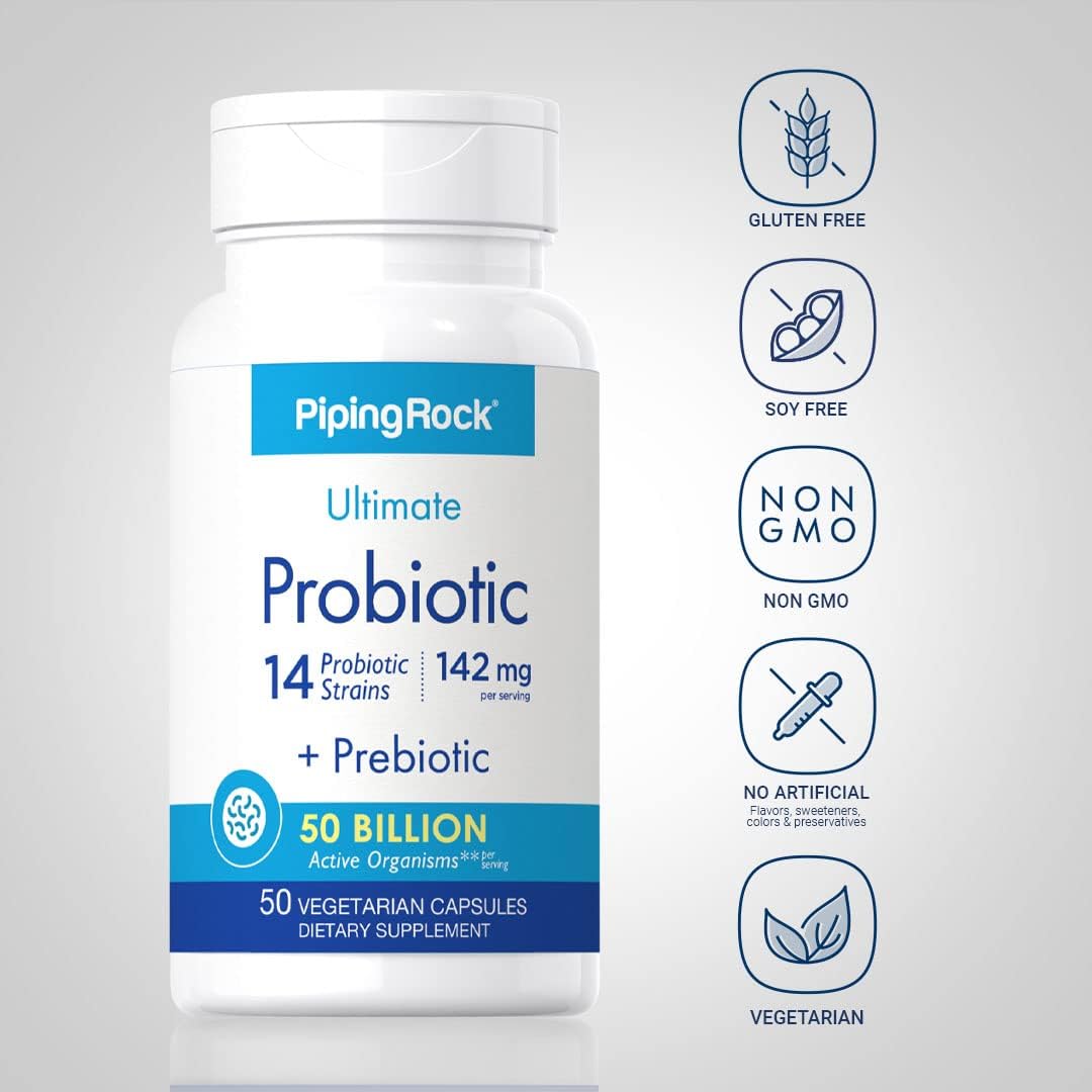 Piping Rock Probiotic Multi Enzyme Capsules - 50 Billion Active Organisms - Digestive Formula with Prebiotics - Men and Women - Non-GMO - Gluten Free