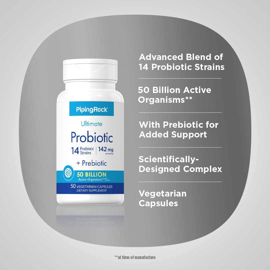 Piping Rock Probiotic Multi Enzyme Capsules - 50 Billion Active Organisms - Digestive Formula with Prebiotics - Men and Women - Non-GMO - Gluten Free