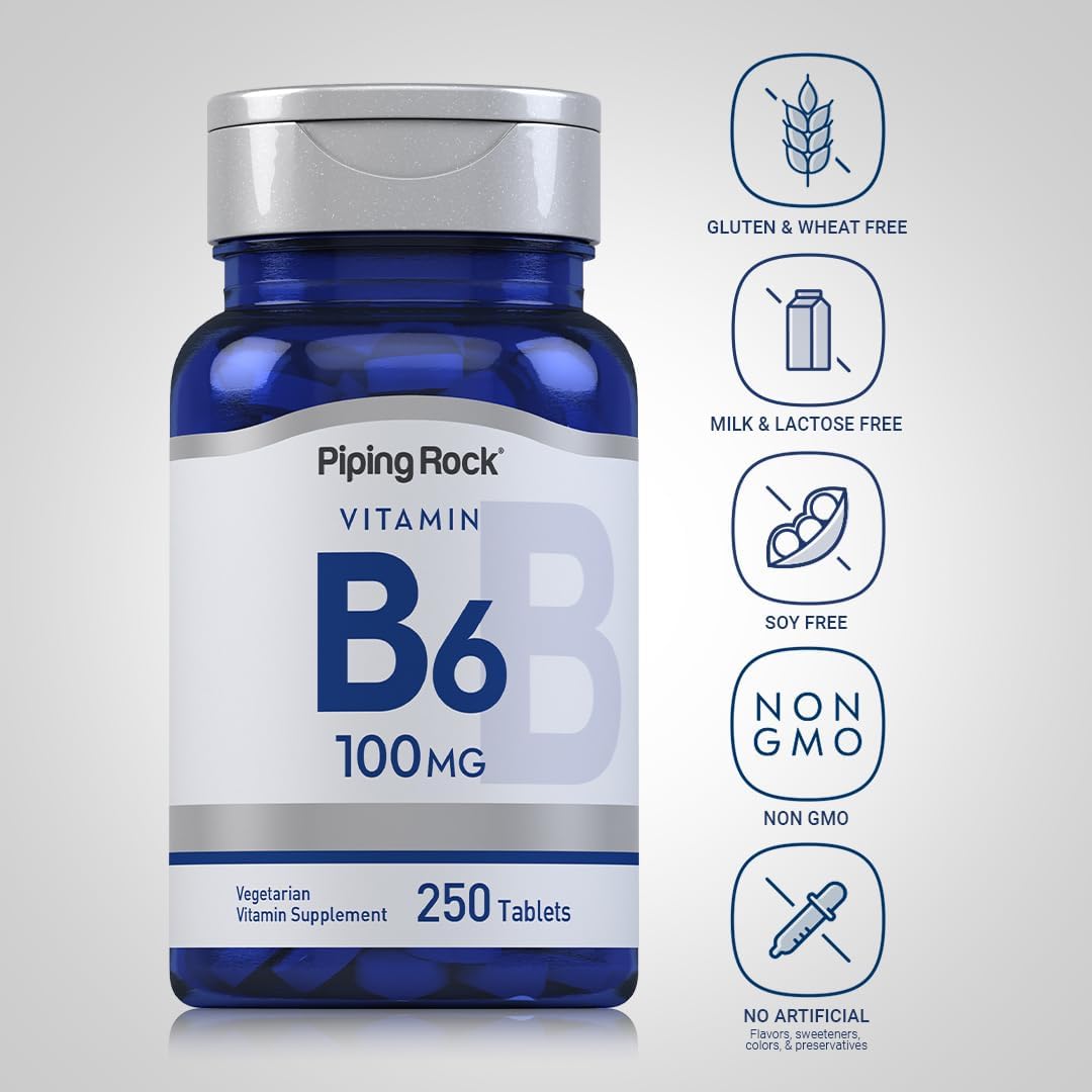 Piping Rock Vitamin B-6 100mg Tablets - Pyridoxine HCl Supplement, 250 Count - Non-GMO Vegetarian Formula