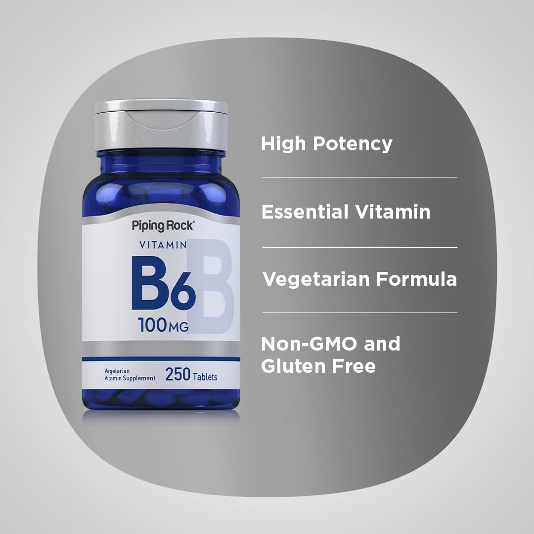 Piping Rock Vitamin B-6 100mg Tablets - Pyridoxine HCl Supplement, 250 Count - Non-GMO Vegetarian Formula