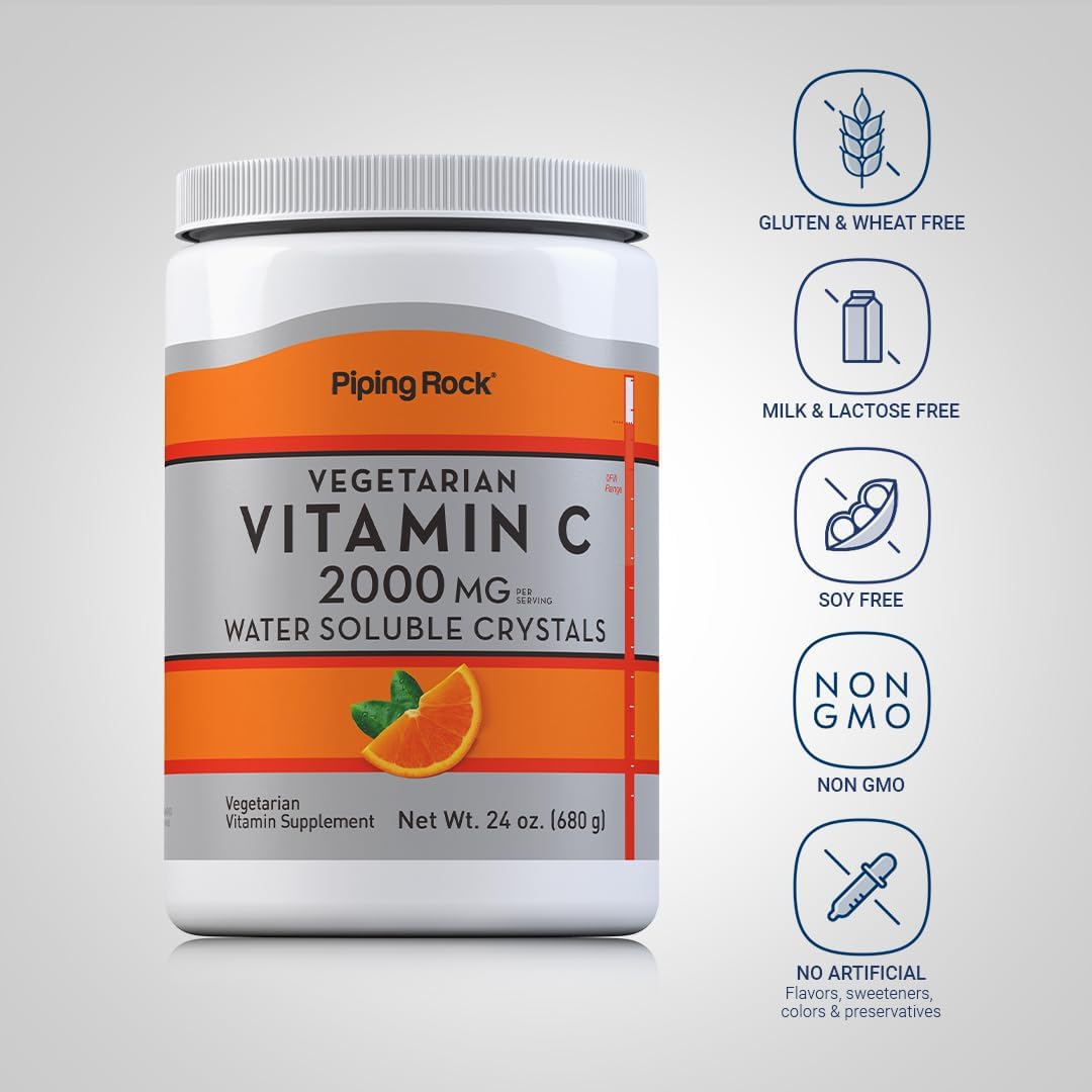 Piping Rock Vitamin C Powder 24 oz 2000mg Water Soluble Crystals Vegetarian Non-GMO Gluten Free Supplement