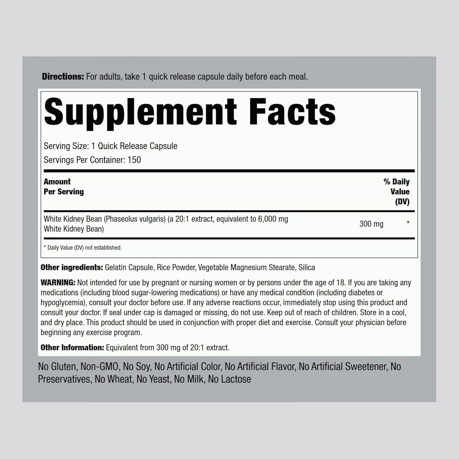 Piping Rock White Kidney Bean Extract 6000mg - 150 Capsules - Non-GMO & Gluten Free - BoostGo Australia
