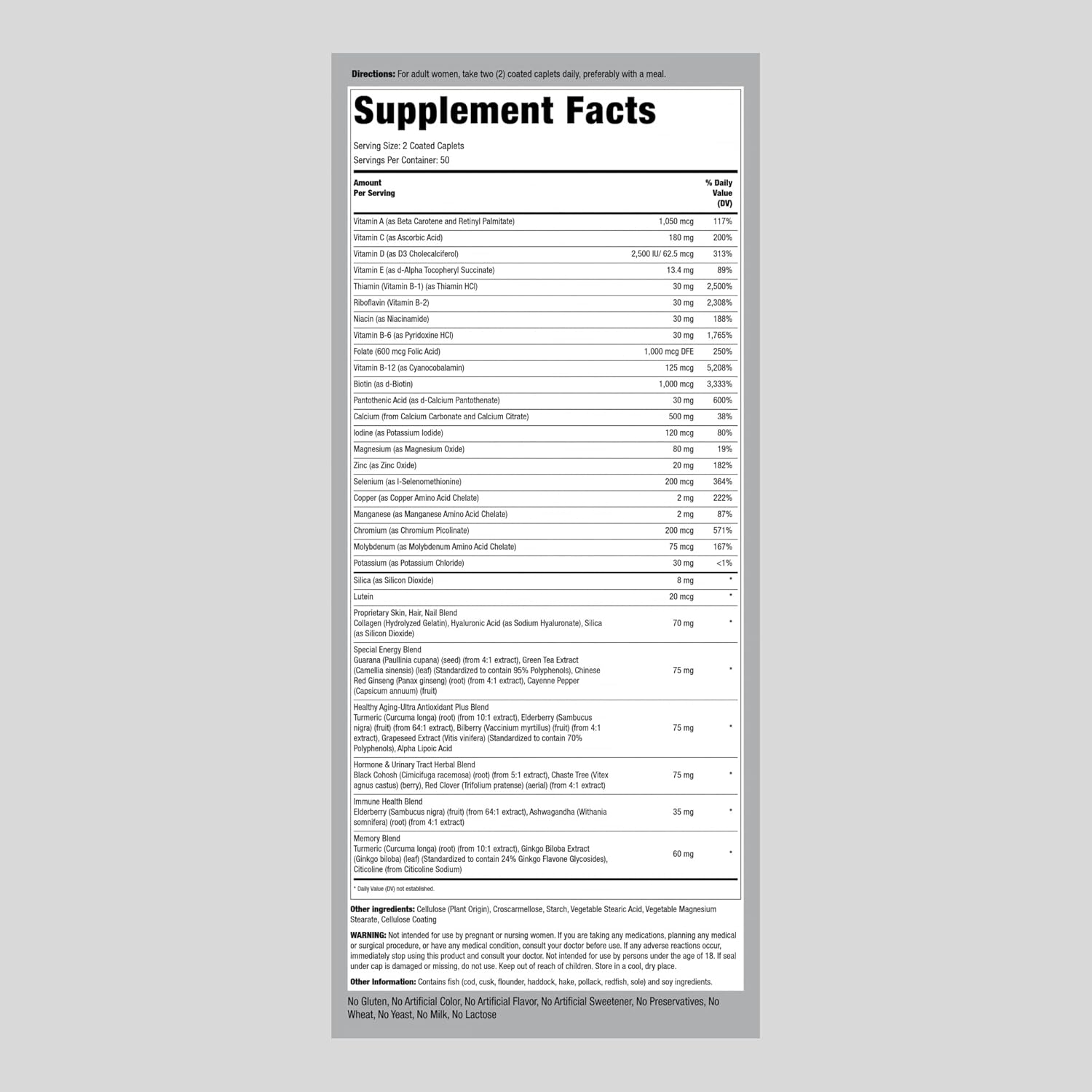 Piping Rock Women's Multivitamin 50 Plus - 100 Coated Caplets - Mega Multi Vitamin - Non-GMO, Gluten Free Supplement