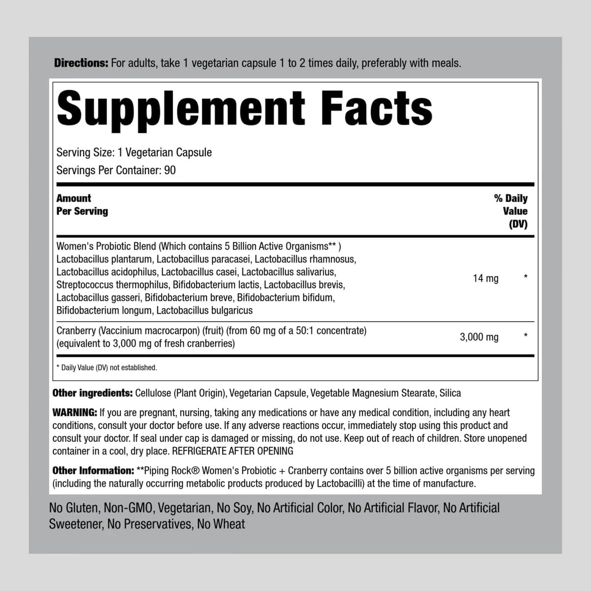 Piping Rock Women's Probiotic Capsules with Cranberry - 90 Count, 14 Strains, Vegetarian, Non-GMO, Gluten Free