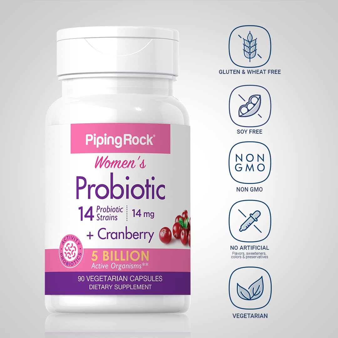 Piping Rock Women's Probiotic Capsules with Cranberry - 90 Count, 14 Strains, Vegetarian, Non-GMO, Gluten Free