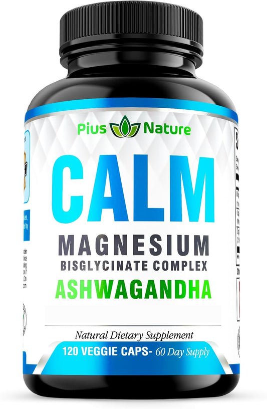 PIUS NATURE Calm - Natural Magnesium Glycinate Supplement with Ashwagandha Root Extract for Relaxation