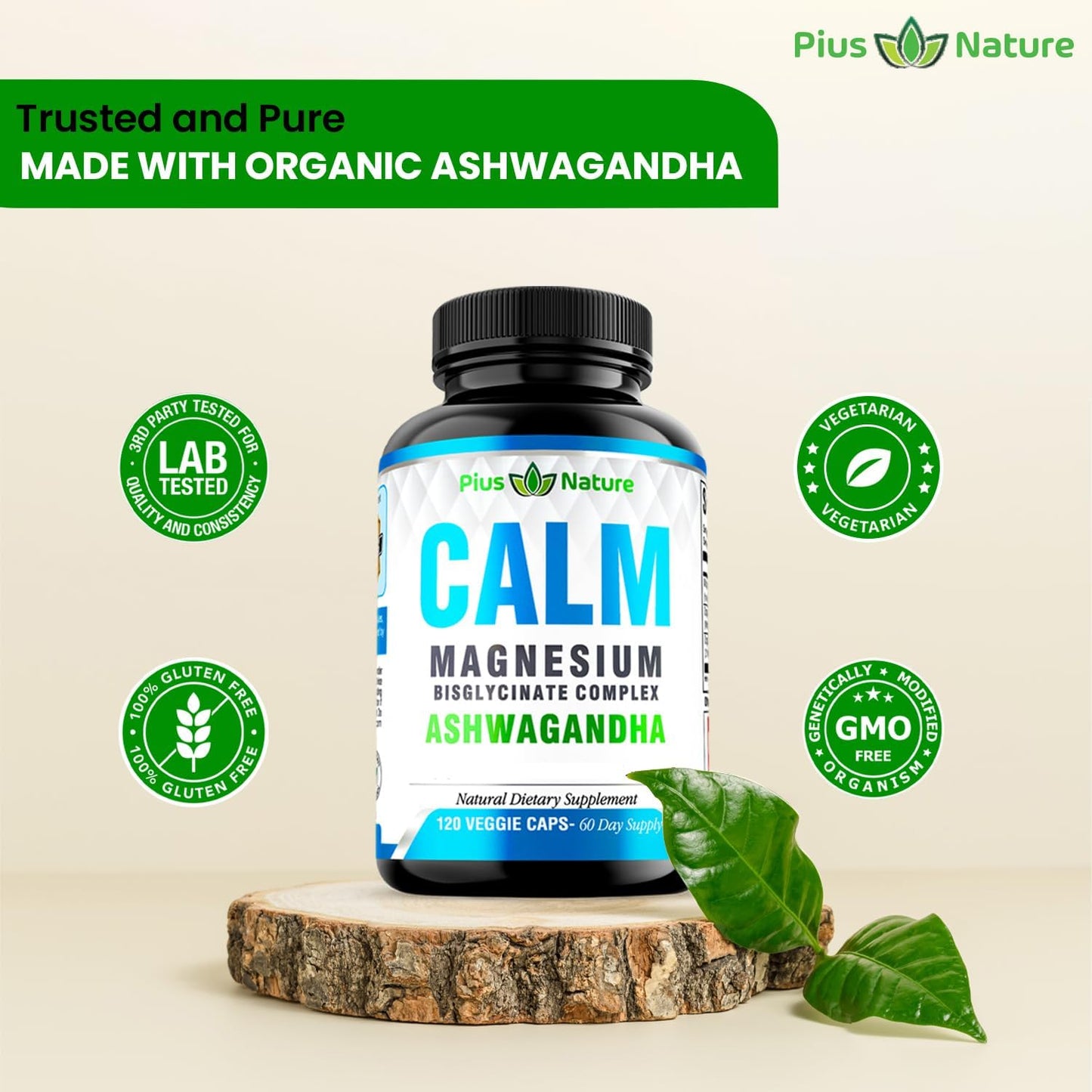 PIUS NATURE Calm - Natural Magnesium Glycinate Supplement with Ashwagandha Root Extract for Relaxation