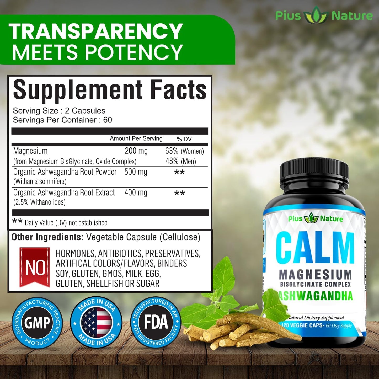 PIUS NATURE Calm - Natural Magnesium Glycinate Supplement with Ashwagandha Root Extract for Relaxation