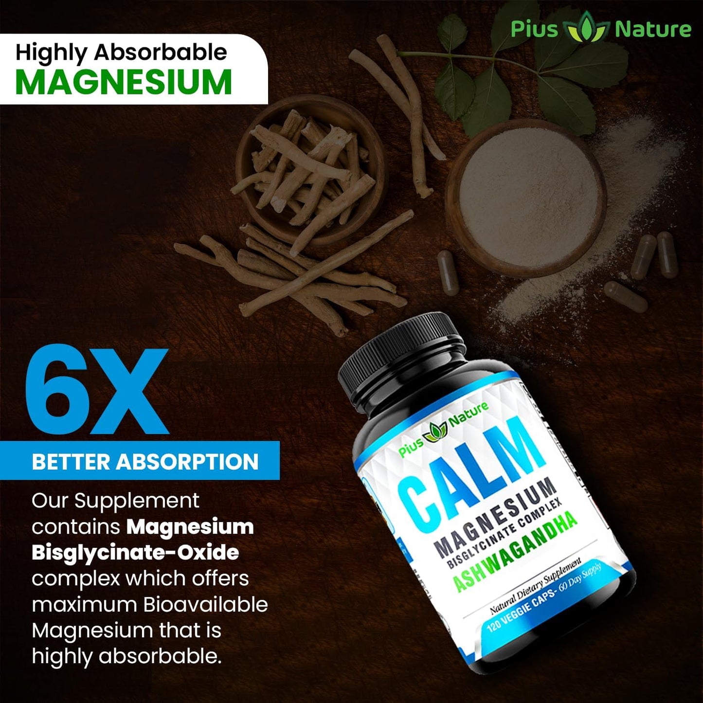 PIUS NATURE Calm - Natural Magnesium Glycinate Supplement with Ashwagandha Root Extract for Relaxation