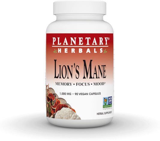 Planetary Herbals Lion's Mane Capsules - 1,000mg for Memory, Focus, Mood - 90 Vegan Capsules