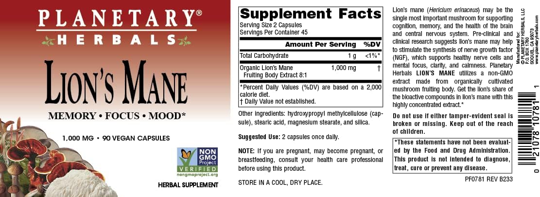 Planetary Herbals Lion's Mane Capsules - 1,000mg for Memory, Focus, Mood - 90 Vegan Capsules