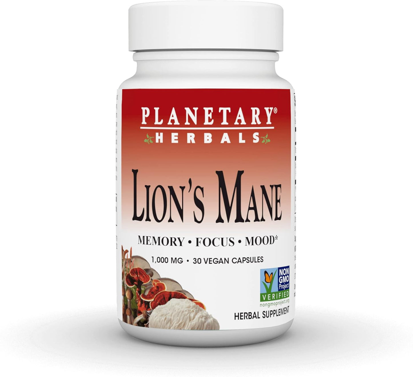 Planetary Herbals Lion's Mane Capsules, 1,000 mg - Memory, Focus, Mood Support - 30 Vegan Capsules