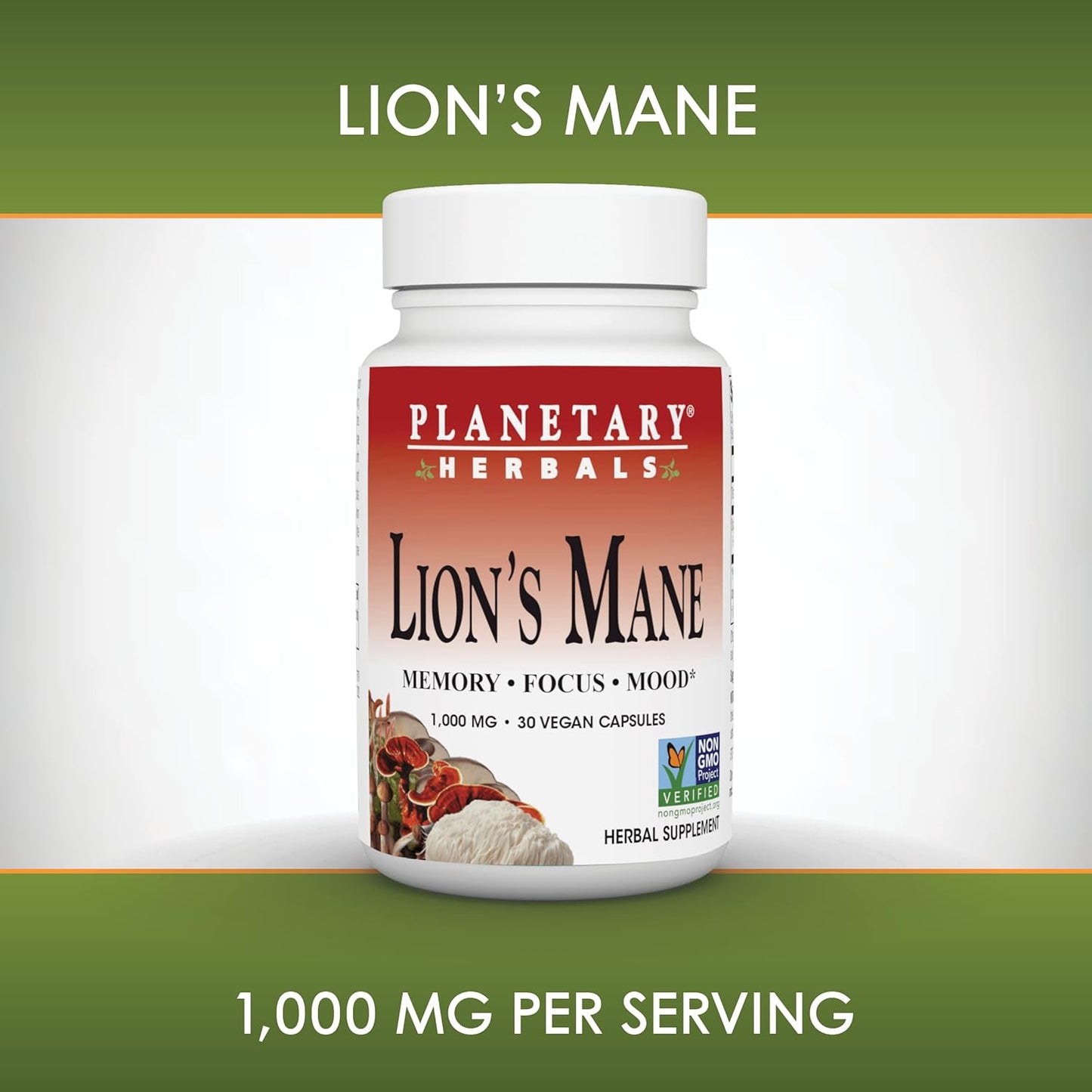 Planetary Herbals Lion's Mane Capsules, 1,000 mg - Memory, Focus, Mood Support - 30 Vegan Capsules