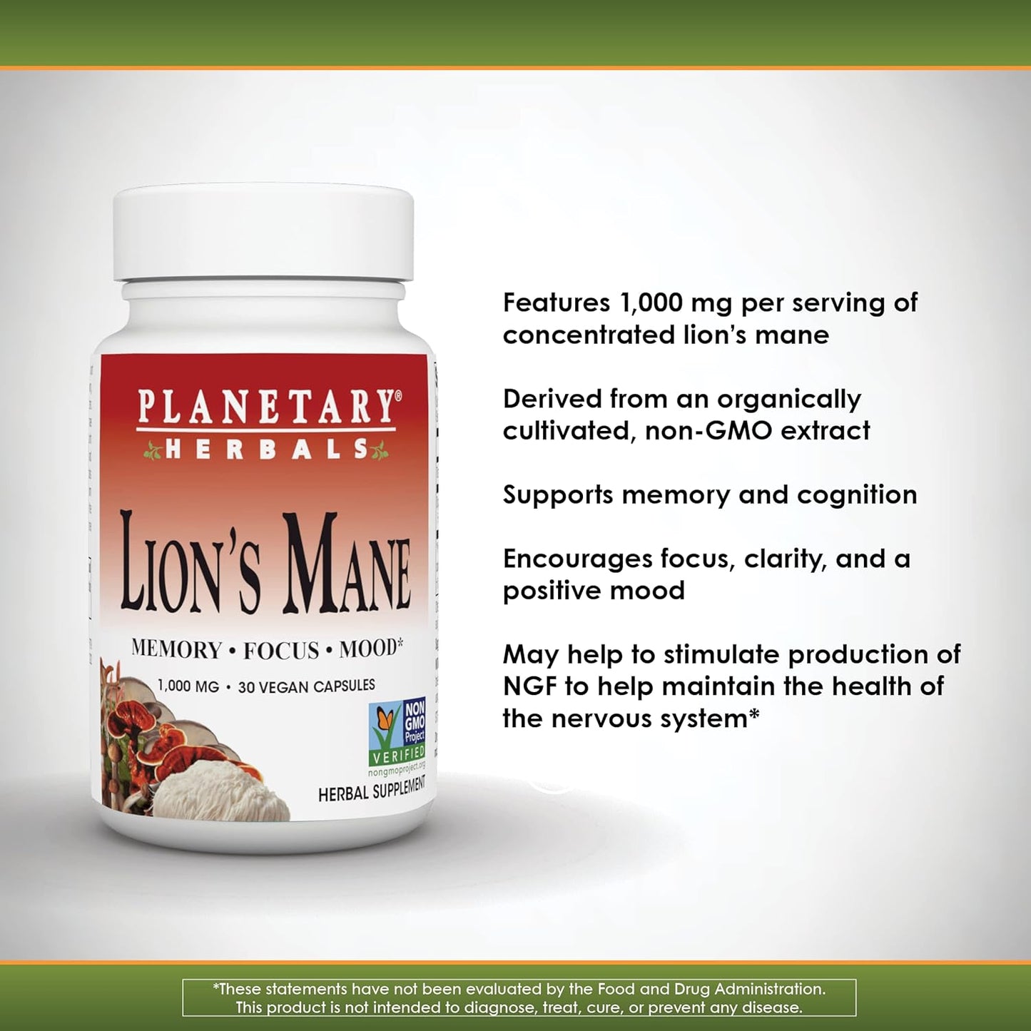 Planetary Herbals Lion's Mane Capsules, 1,000 mg - Memory, Focus, Mood Support - 30 Vegan Capsules
