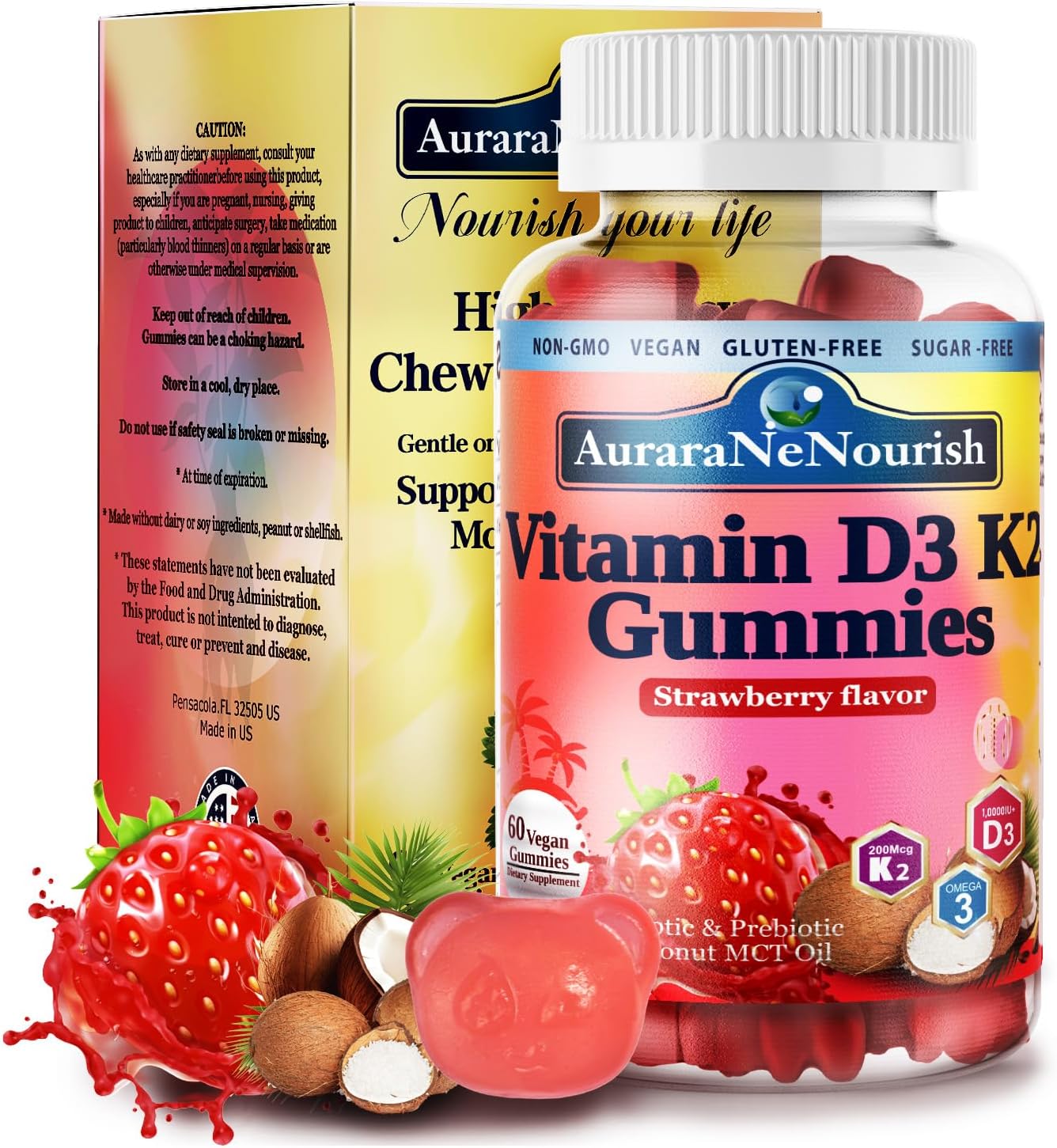 Plant-Based AuraraNeNourish D3 K2 Gummies - 10000 IU Vitamin D3 K2 for Bone, Teeth, Immune, Heart & Digestive Health - Calcium Absorption Support with Pro & Prebiotics - Chewable MK-7 Supplements
