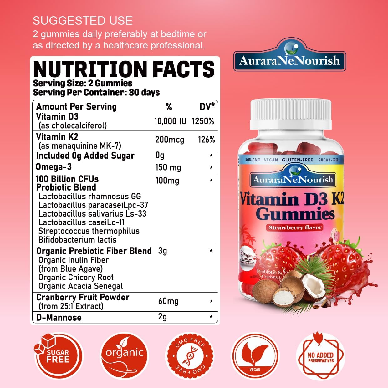 Plant-Based AuraraNeNourish D3 K2 Gummies - 10000 IU Vitamin D3 K2 for Bone, Teeth, Immune, Heart & Digestive Health - Calcium Absorption Support with Pro & Prebiotics - Chewable MK-7 Supplements