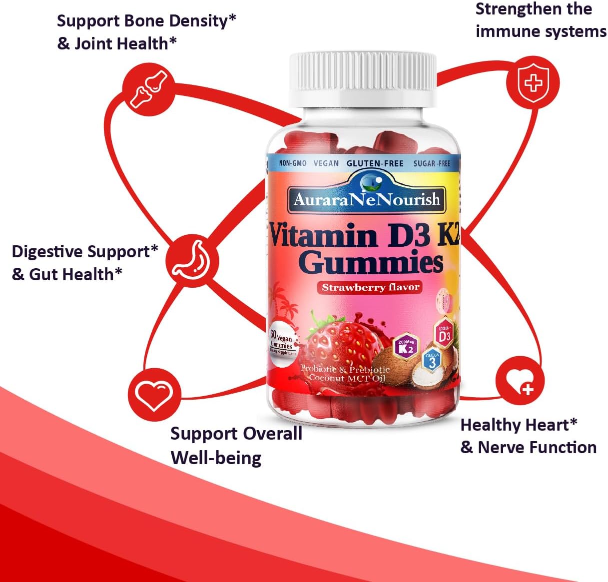 Plant-Based AuraraNeNourish D3 K2 Gummies - 10000 IU Vitamin D3 K2 for Bone, Teeth, Immune, Heart & Digestive Health - Calcium Absorption Support with Pro & Prebiotics - Chewable MK-7 Supplements