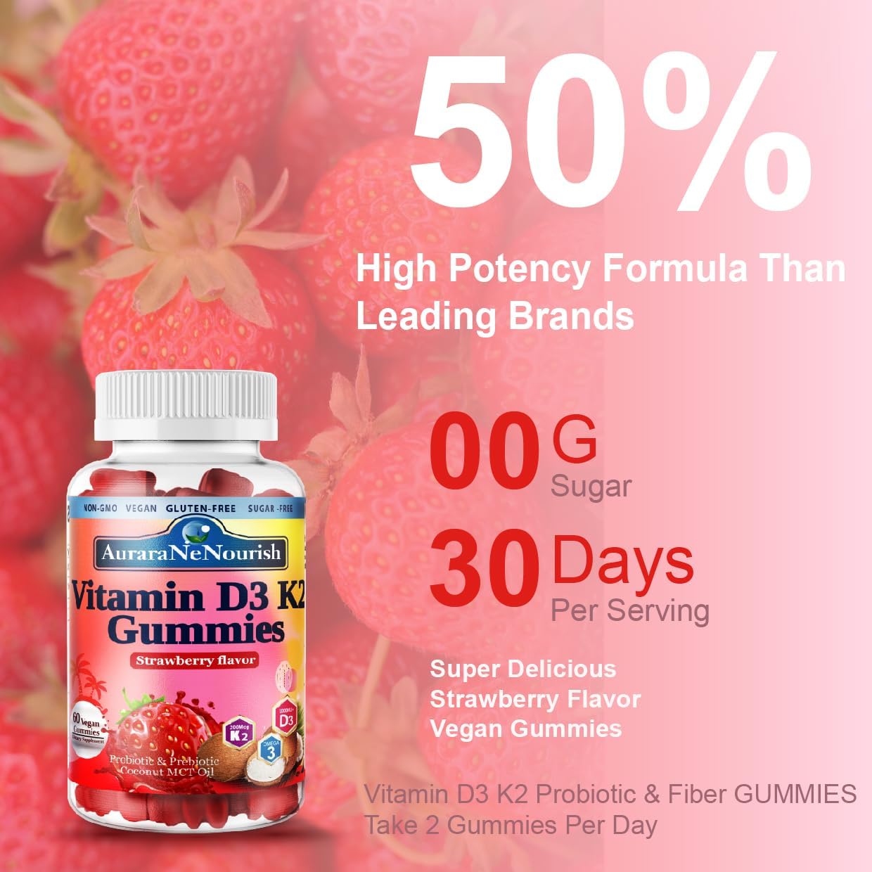 Plant-Based AuraraNeNourish D3 K2 Gummies - 10000 IU Vitamin D3 K2 for Bone, Teeth, Immune, Heart & Digestive Health - Calcium Absorption Support with Pro & Prebiotics - Chewable MK-7 Supplements