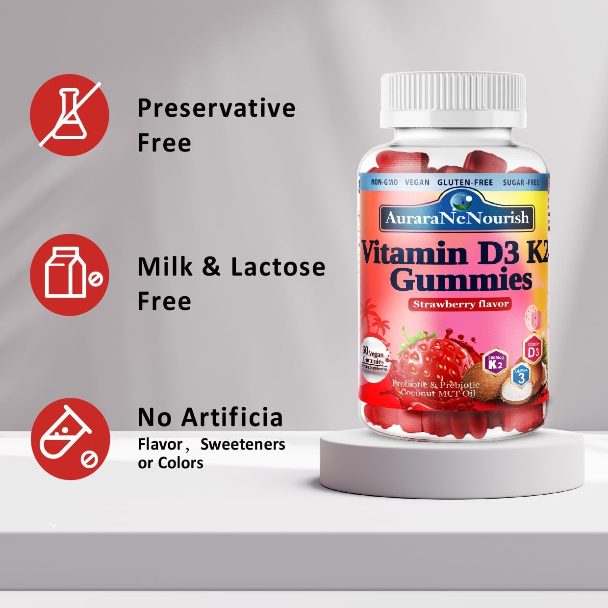 Plant-Based AuraraNeNourish D3 K2 Gummies - 10000 IU Vitamin D3 K2 for Bone, Teeth, Immune, Heart & Digestive Health - Calcium Absorption Support with Pro & Prebiotics - Chewable MK-7 Supplements