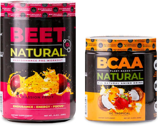 Plant-Based BCAA Powder Bundle: Beet Natural O2 Pre-Workout & Orange Coconut, Passion Fruit Flavors (60 Servings) - BoostGo Australia