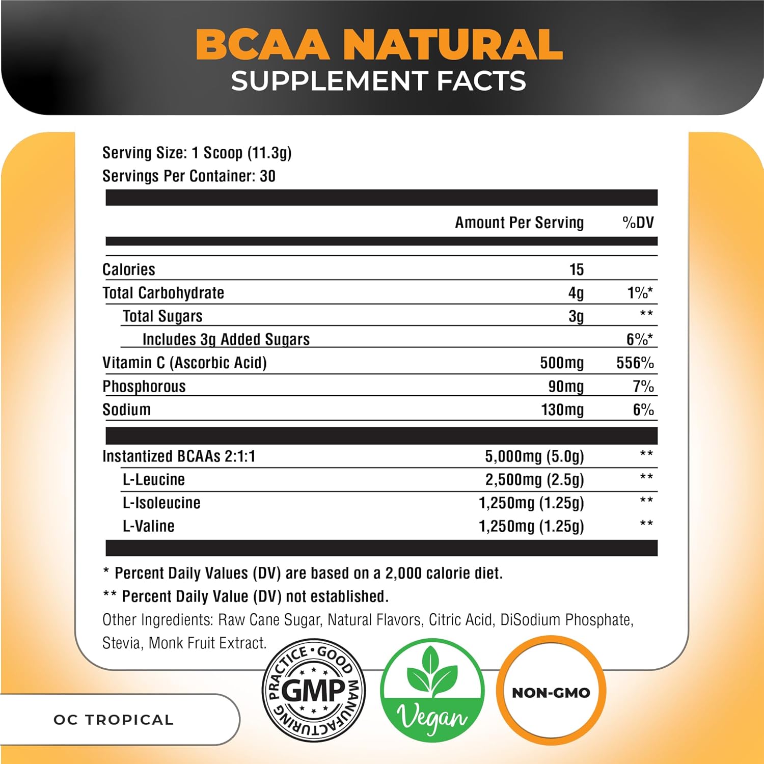 Plant Based BCAA Powder Orange Coconut Flavor - Vegan Amino Acids for Pre and Post Workout Recovery - Non-GMO Gluten-Free Supplement