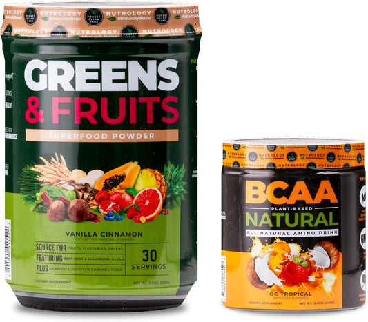 Plant-Based BCAA Powder with Greens & Fruits Superfood Blend - Vanilla Cinnamon & Orange Coconut Flavor (60 Servings)