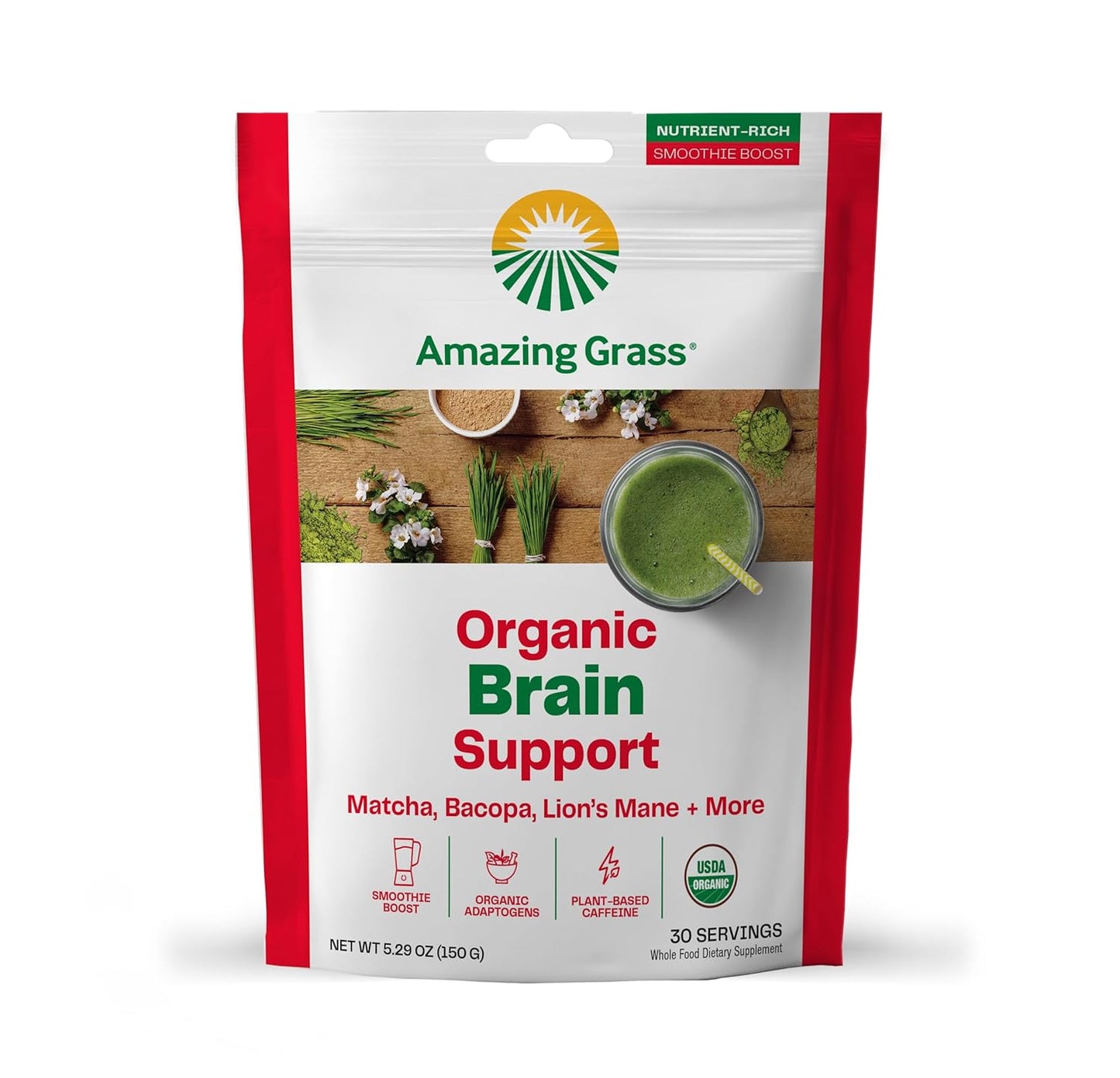 Plant-Based Brain Booster Smoothie Mix with Greens Powder, Lions Mane, Matcha, Bacopa, & Caffeine - Nootropics Support for 30 Servings
