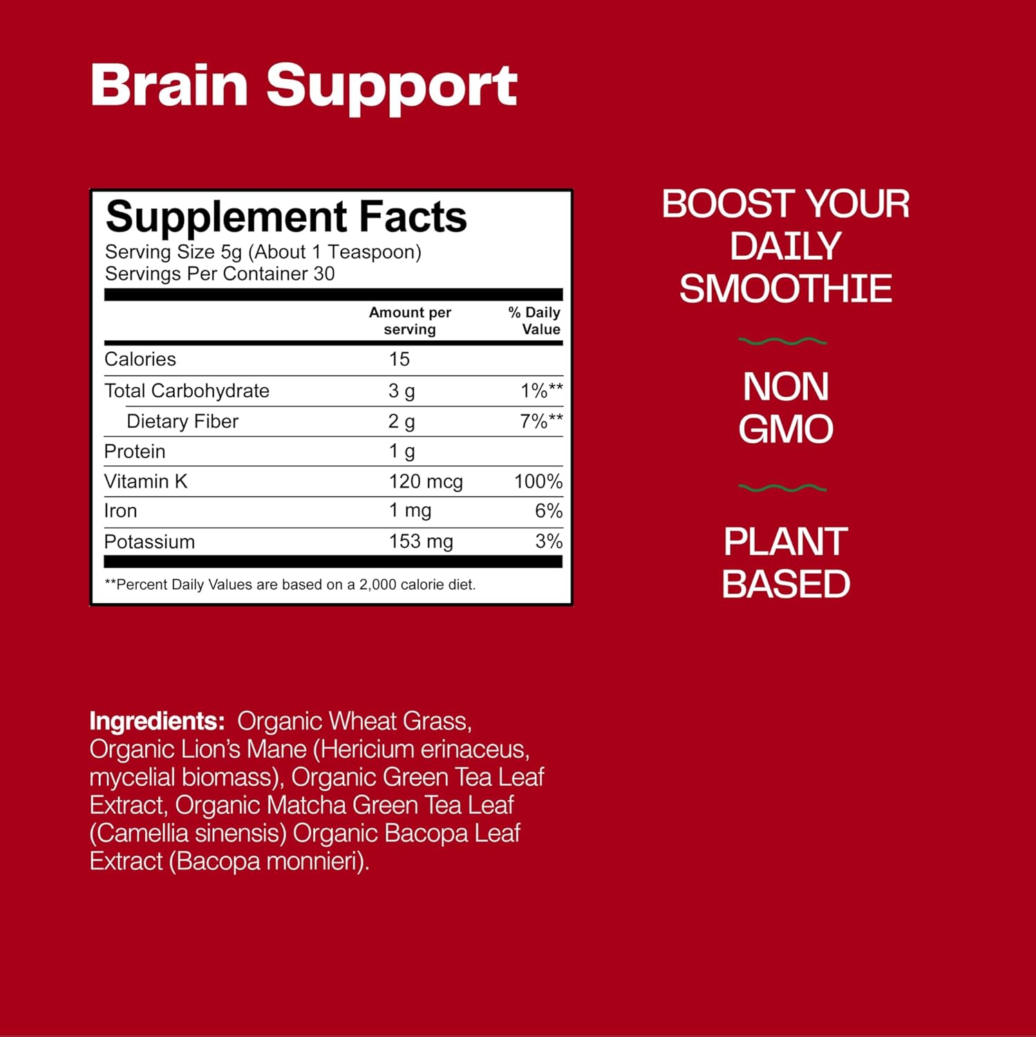 Plant-Based Brain Booster Smoothie Mix with Greens Powder, Lions Mane, Matcha, Bacopa, & Caffeine - Nootropics Support for 30 Servings