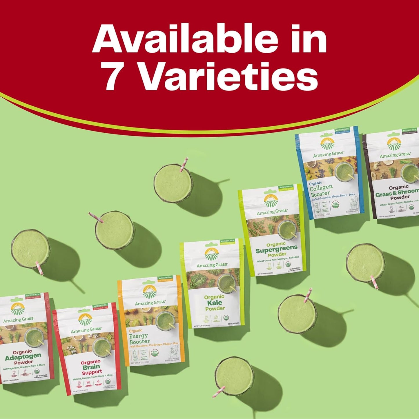 Plant-Based Brain Booster Smoothie Mix with Greens Powder, Lions Mane, Matcha, Bacopa, & Caffeine - Nootropics Support for 30 Servings