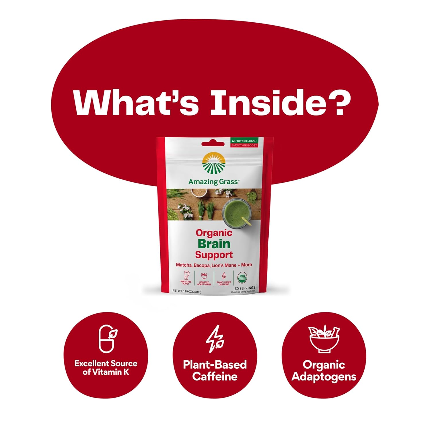 Plant-Based Brain Booster Smoothie Mix with Greens Powder, Lions Mane, Matcha, Bacopa, & Caffeine - Nootropics Support for 30 Servings