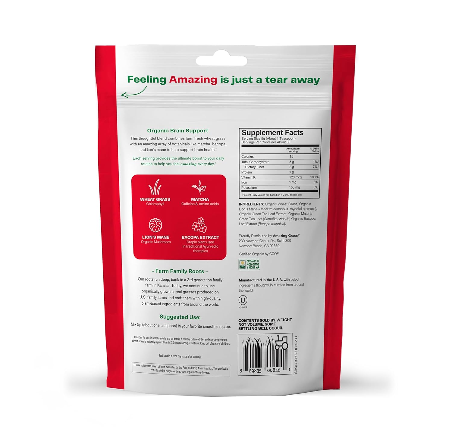 Plant-Based Brain Booster Smoothie Mix with Greens Powder, Lions Mane, Matcha, Bacopa, & Caffeine - Nootropics Support for 30 Servings