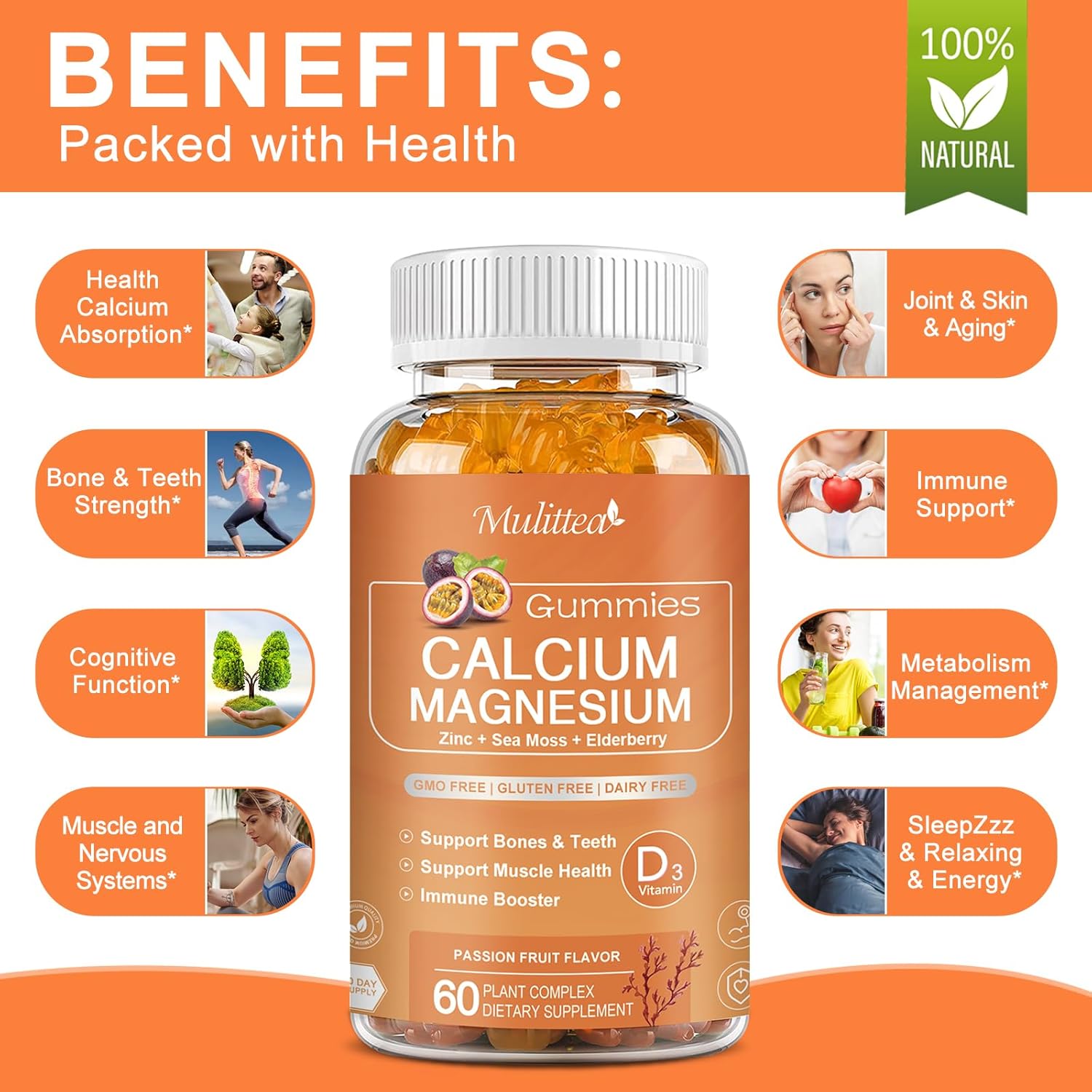 Plant-Based Calcium Gummies with D3, Zinc, Magnesium, Potassium, Vitamin C - Bone & Immune Support - Sugar-Free Chewable Gummy (1 Pack)