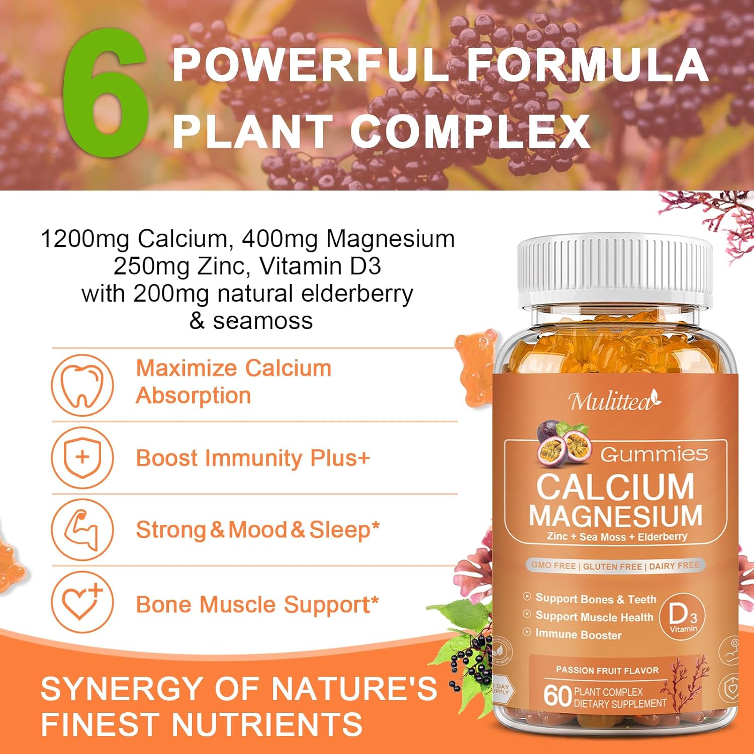 Plant-Based Calcium Gummies with D3, Zinc, Magnesium, Potassium, Vitamin C - Bone & Immune Support - Sugar-Free Chewable Gummy (1 Pack)