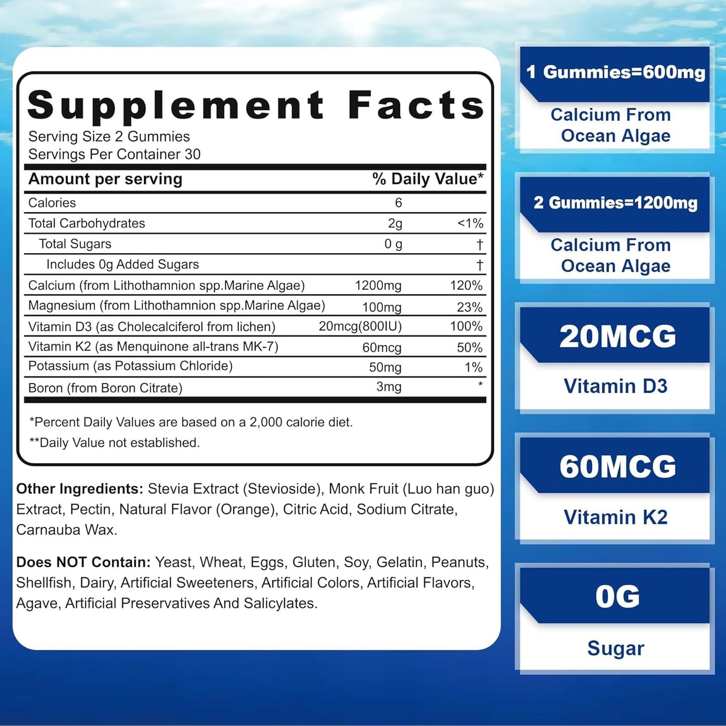 Plant Based Calcium Supplement with Vitamin D3, K2, Magnesium - 1200mg 600mg Ocean Algae Calcium - Bone Strength, Teeth Health, Muscle - Vegan Gummies, Sugar Free - 1 Pack