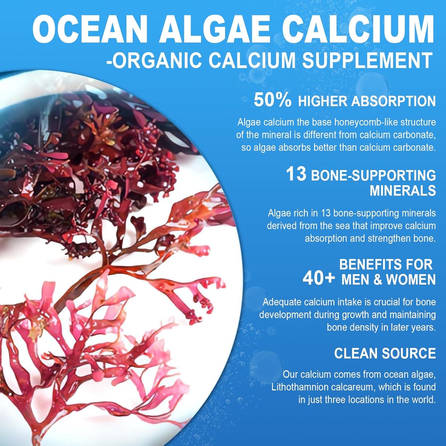 Plant Based Calcium Supplement with Vitamin D3, K2, Magnesium - 1200mg 600mg Ocean Algae Calcium - Bone Strength, Teeth Health, Muscle - Vegan Gummies, Sugar Free - 1 Pack