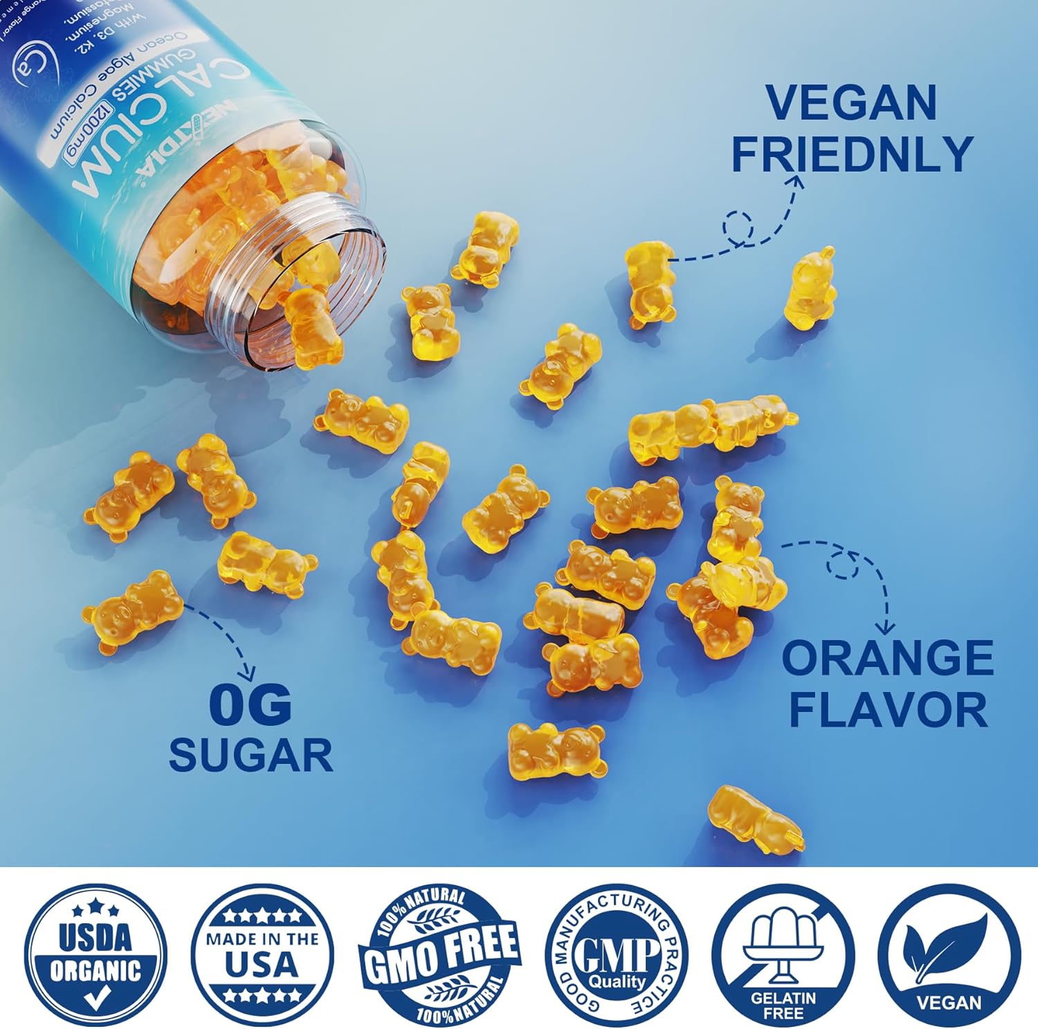 Plant Based Calcium Supplement with Vitamin D3, K2, Magnesium - 1200mg 600mg Ocean Algae Calcium - Bone Strength, Teeth Health, Muscle - Vegan Gummies, Sugar Free - 1 Pack