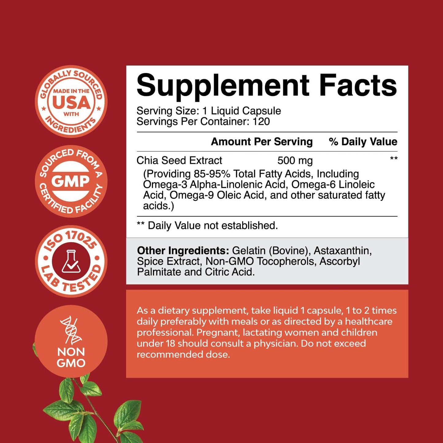 Plant Based Chia Seed Oil Extract Capsules for Digestive Support, Immunity, and Heart Health - Omega 3 6 9 Fatty Acids Supplement for Men and Women