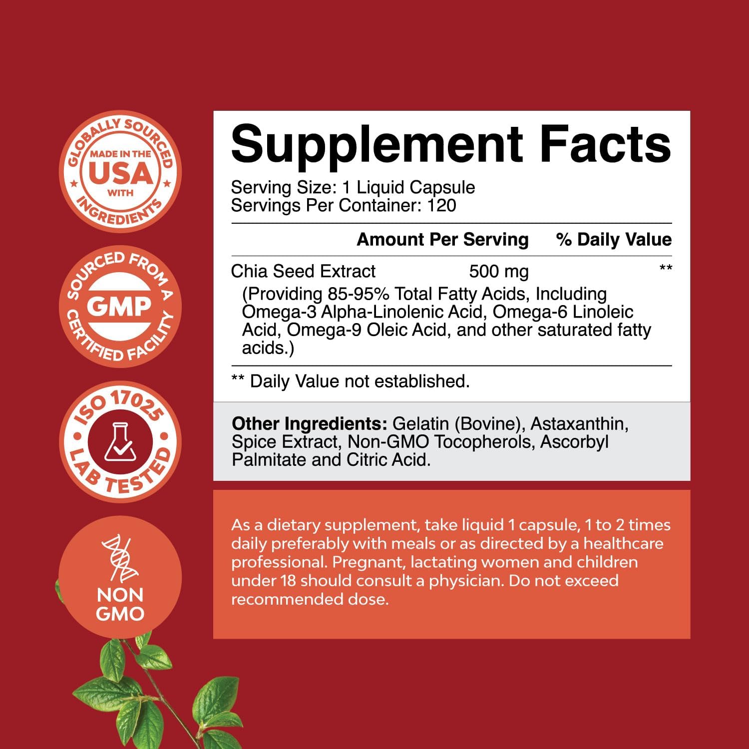 Plant Based Chia Seed Oil Extract Capsules for Digestive Support, Immunity, and Heart Health - Omega 3 6 9 Fatty Acids Supplement for Men and Women
