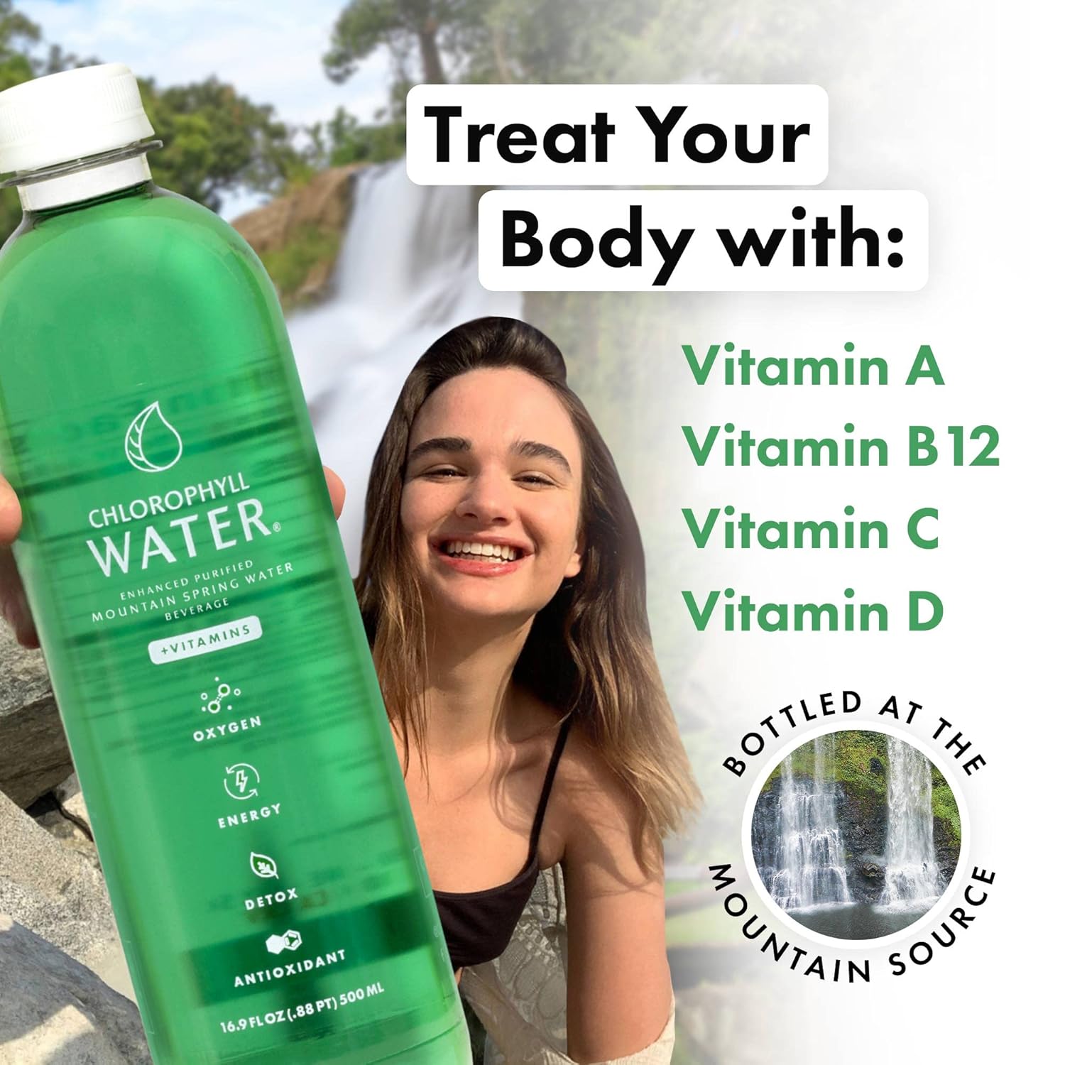 Plant-Based Chlorophyll Water Infused with Vitamins for Antioxidants, Detox, Energy, and Immune Support - 12pk