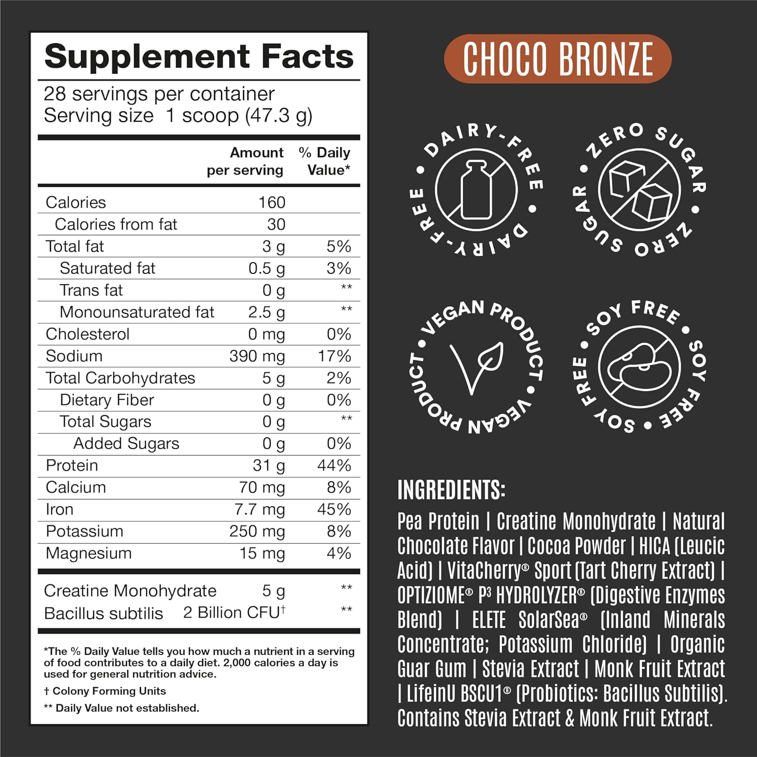 Plant Based Chocolate Protein Powder with 31g Protein, 5g Creatine, BCAA, Probiotics, and Electrolytes - Vegan Pre Workout Supplement for Muscle Growth, Low Carb, and Sugar Free - 28 Servings