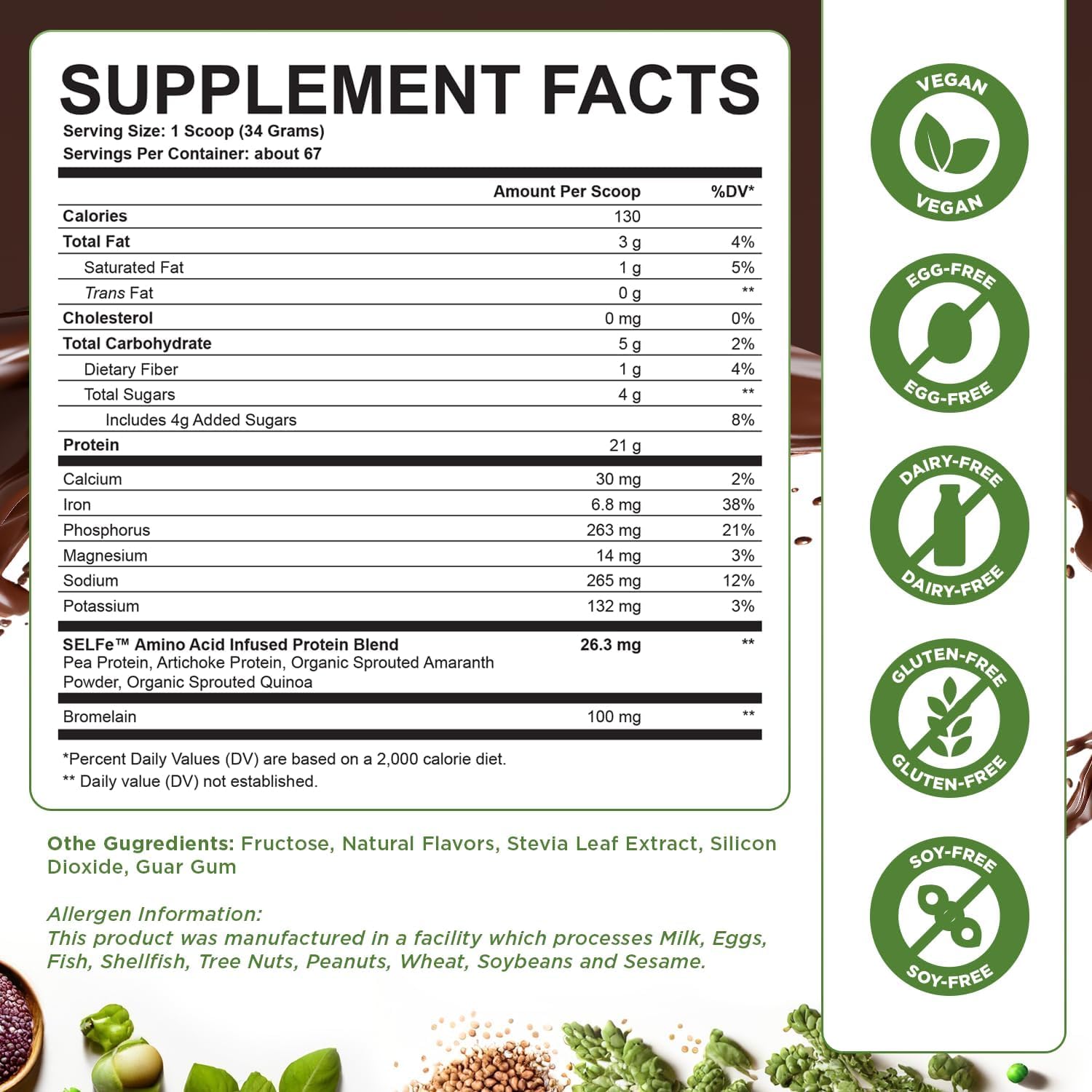 Plant-Based Chocolate Protein Powder with BCAA's - 21g Protein - Gluten, Dairy, and Soy-Free - 5lbs