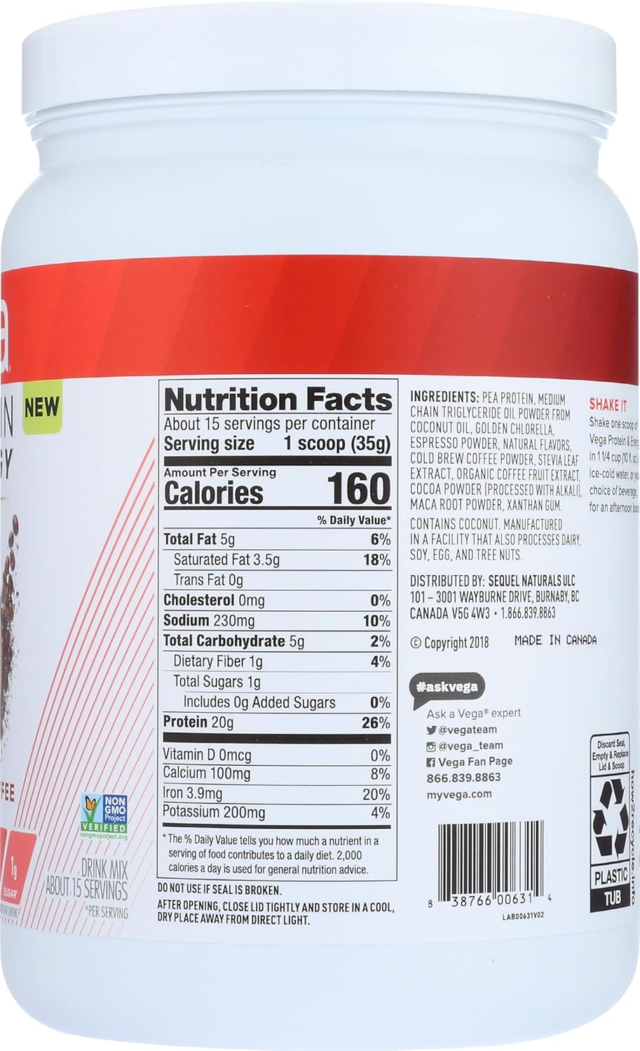 Plant Based Cold Brew Coffee Protein Powder with MCT Oil - Vegan, Keto-Friendly, Gluten Free, Dairy Free, Soy Free, Non GMO - 15 Servings