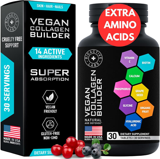 Plant-Based Collagen Boost Tablets for Healthy Skin, Hair, and Nails - Vegan Supplements with Biotin, Vitamin C, and Amino Acids
