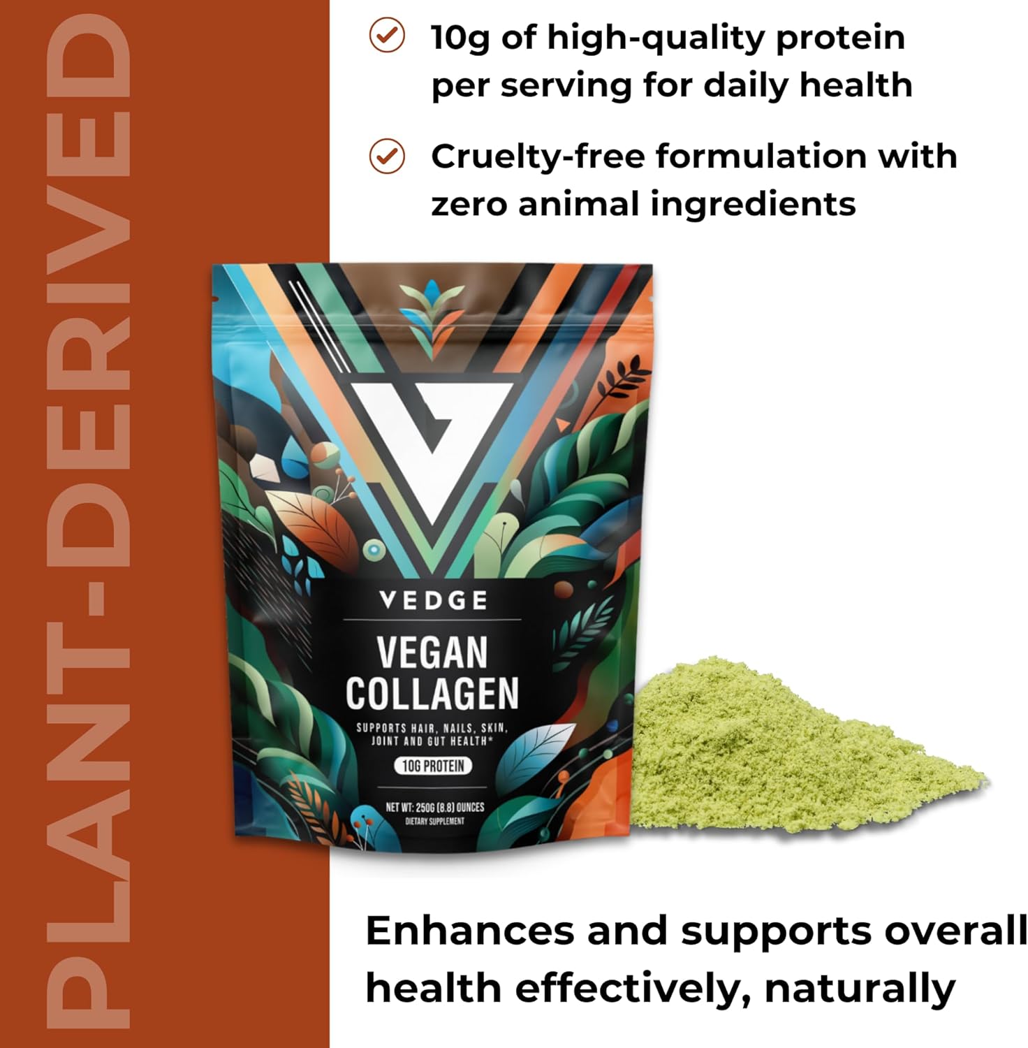 Plant-Based Collagen Powder for Hair, Skin, Nails, Joints & Gut - Vegan Supplements with Collagen Peptides and Protein - 8.8oz Pack